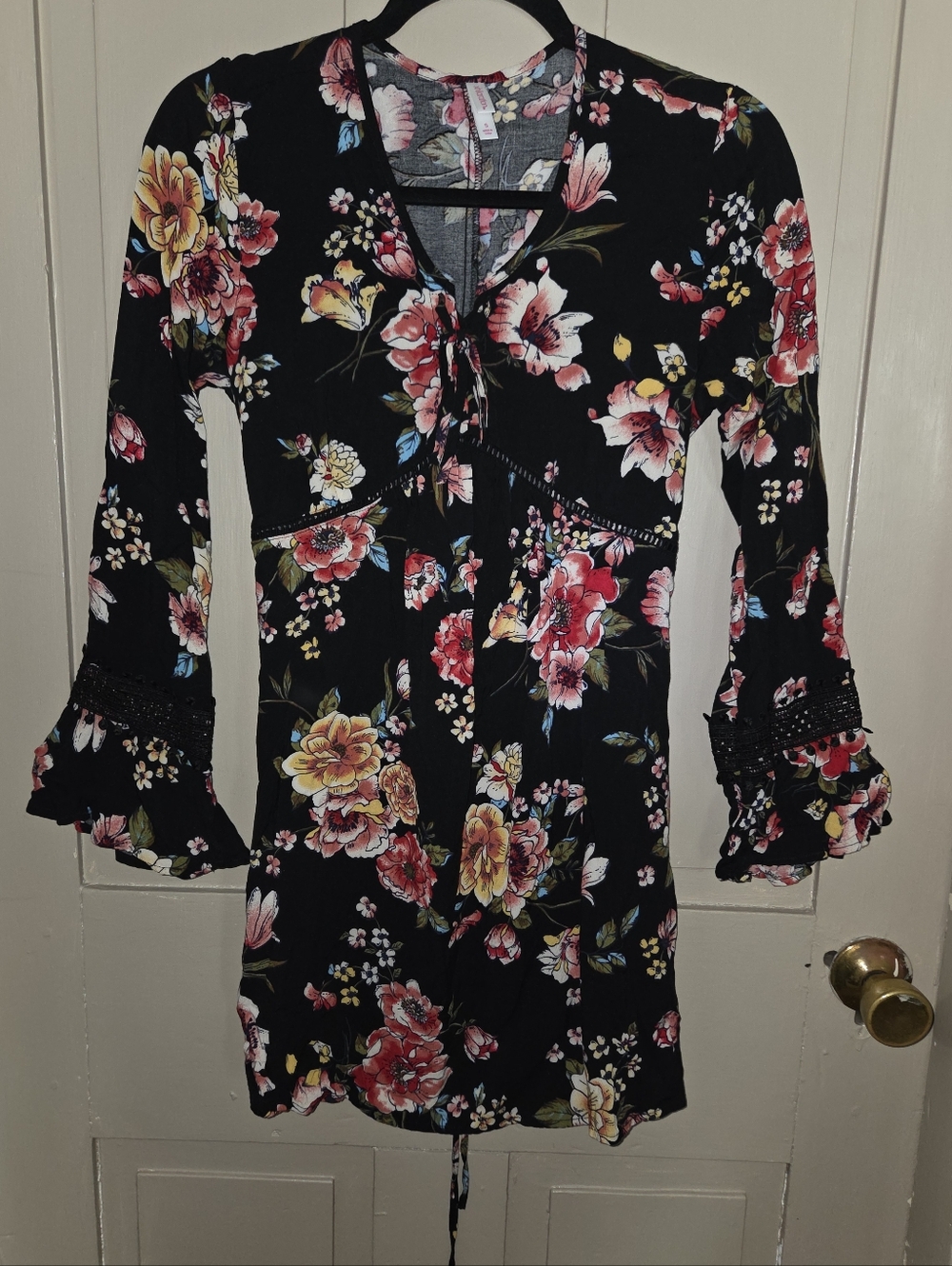 Xhilaration Black Floral Midi Dress with Pink and Yellow Blooms